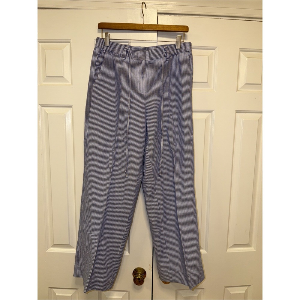 Talbots Women Easy Drawstring Wide Leg Pants Linen Blend Sz 10 Blue White Stripe